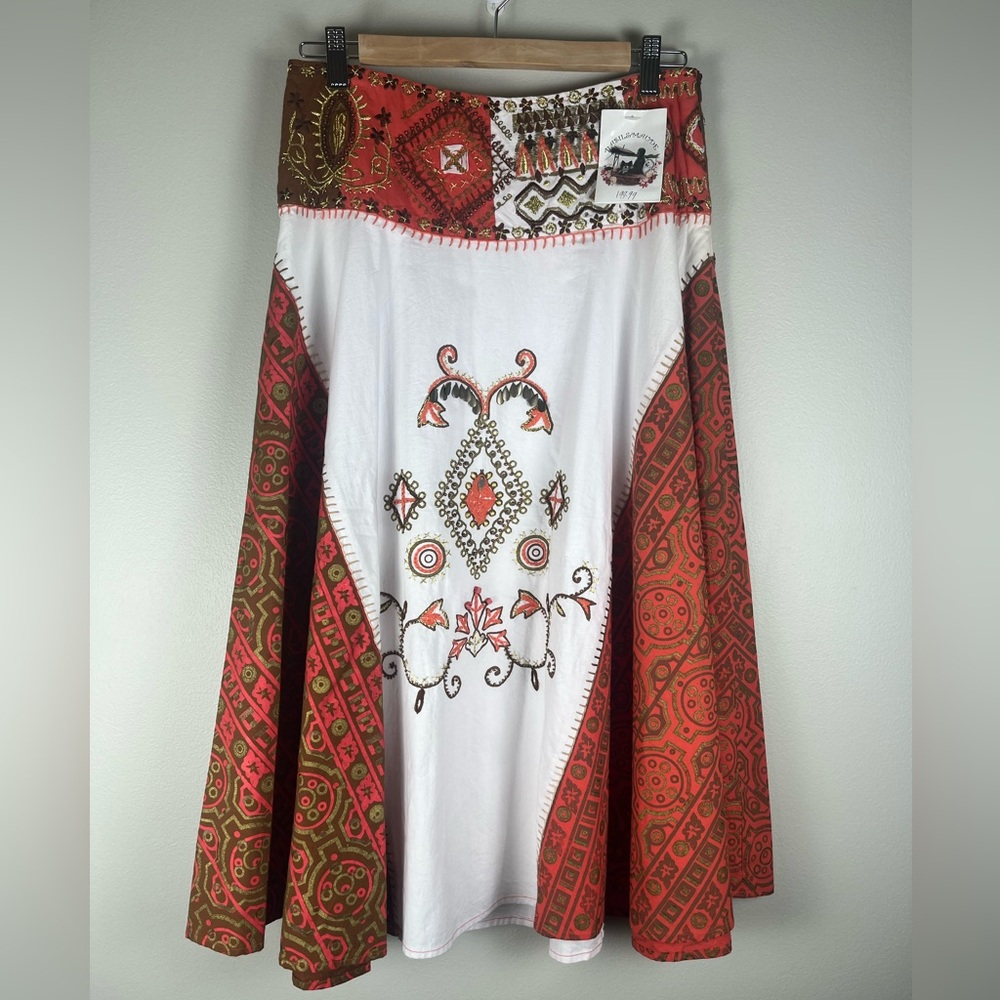BASIL & MAUDE Midi Skirt Embroidered Bead White Gold Orange Cotton Boho Sz 4 NWT